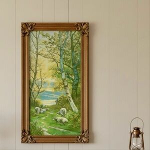 Vintage Rustic Ornate Custom Wood Framed Print Grazing Sheep Farmhouse Wall Art